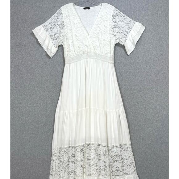 Simplee Lace Maxi Dress Size L SS V Neck Lined Destination Beach Wedding Bridal - Picture 3 of 16